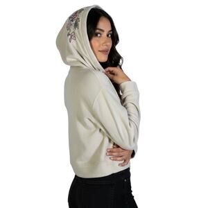 Rue 21 Floral Embroidered Fleece Cropped Hoodie Womens S Beige Cozy Y2K